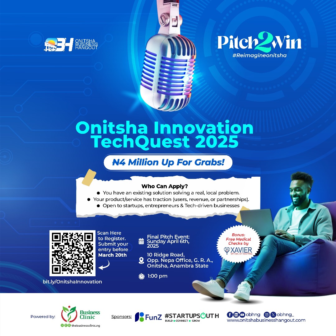 It's 5 days to go to the #OnitshaInnovationTechQuest
I'm sure you don't want to miss the pitching and how they'll be winning the prize money.

Kindly register here 👇
onitshabusinesshangout.com/techquest/