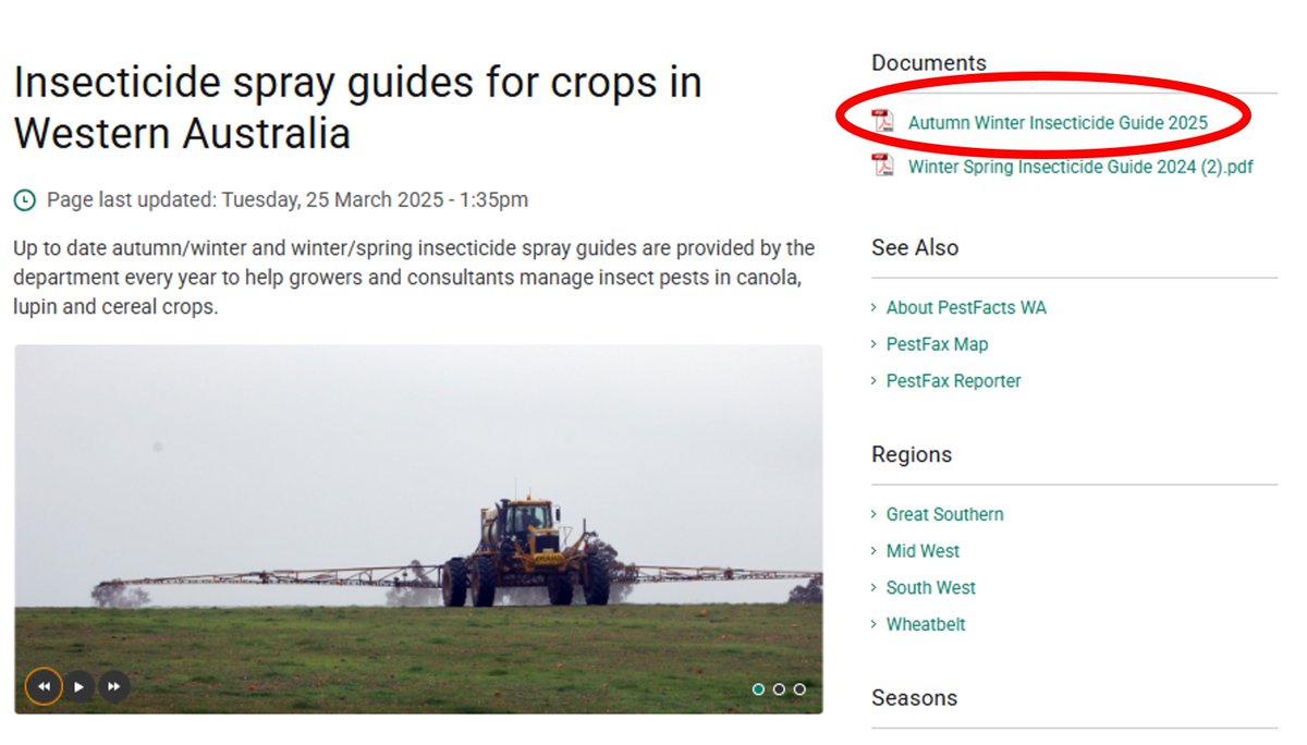 Our 2025 autumn winter insecticide guide is available for free download. 

Updates include approval of diafenthiuron for redlegged earth mites, new bait options for canola pests, and phased-out use of chlorpyrifos in agriculture.

agric.wa.gov.au/newsletters/pe…

#PestFactsWA <a href="/GRDCWest/">GRDC West</a>