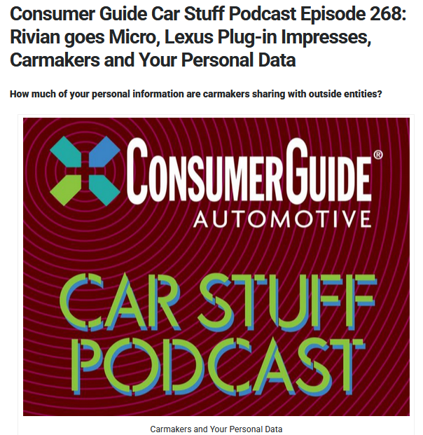 Car_Guy_Tom's tweet image. blog.consumerguide.com/consumer-guide…
New show is now live: #CarStuffPodcast @jillciminillo #PersonalData #Tesla #Rivian #Lexus