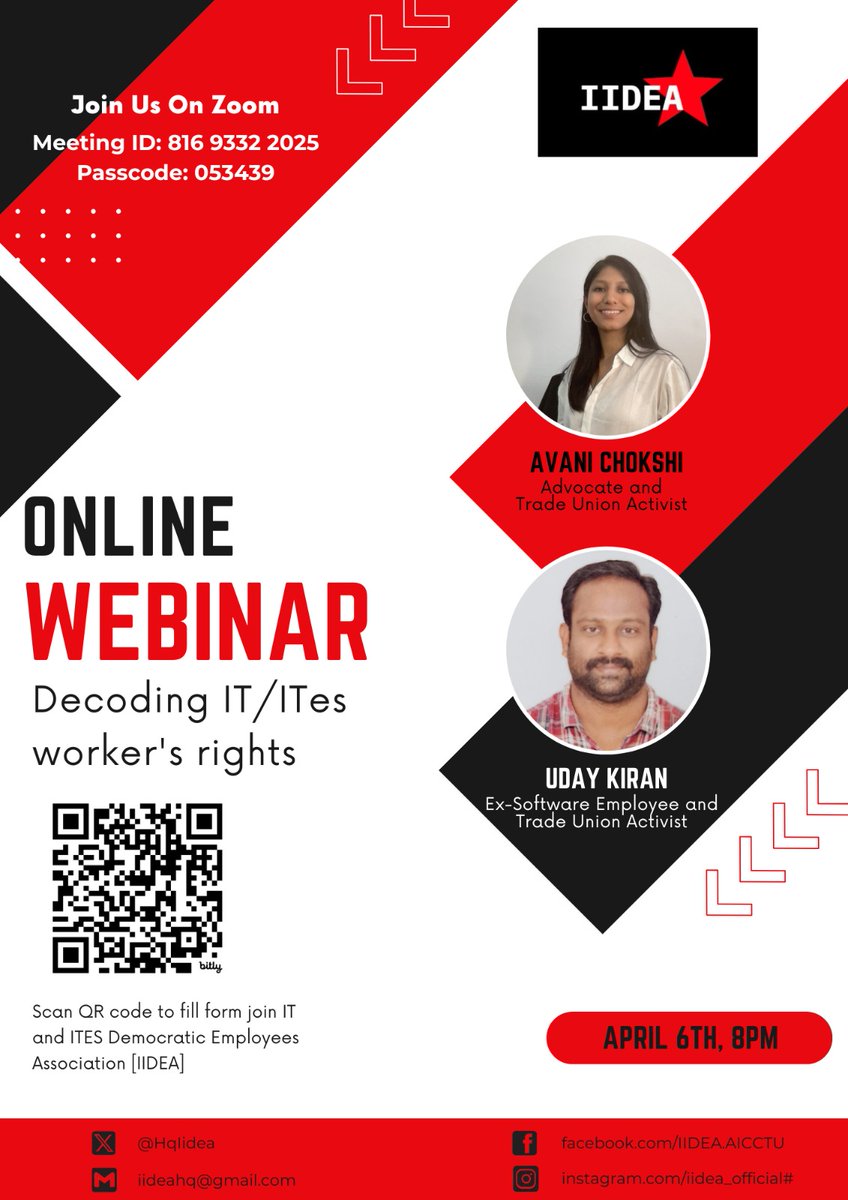 Are you an IT worker worried about rampant layoffs?  Are you facing victimisation/ PIP for raising your voice? Do you want to understand your labour rights in India?

Join us on 6/4/25 at 8PM for a webinar on the rights of IT/ITeS workers.

Zoom ID: 816 9332 2025
Passcode: 053439