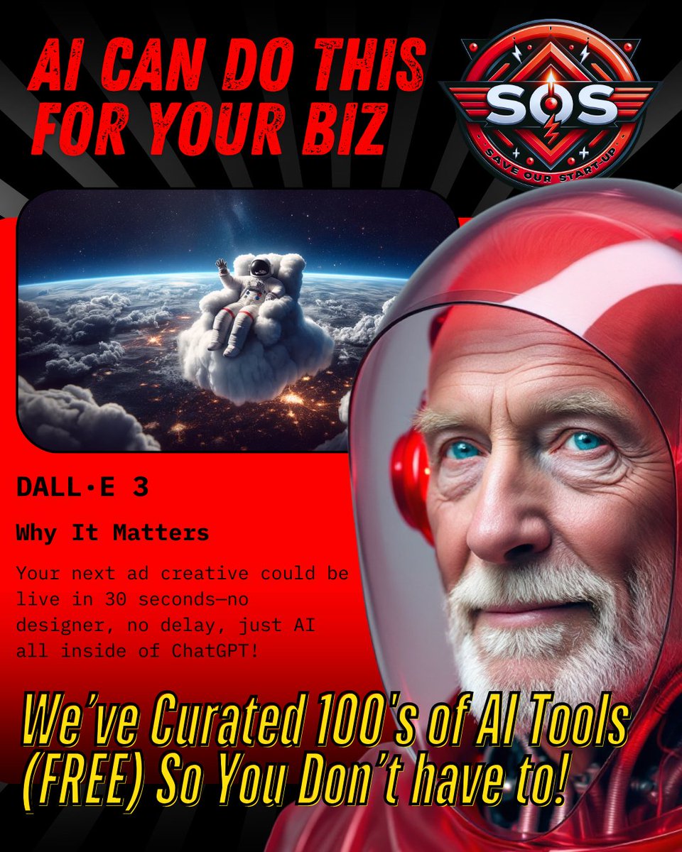 Your next ad creative could be live in 30 seconds, no designer, no delay, just Dall-e in ChatGPT!  See what you're missing out on at 👉 saveourstartup.co.uk/ai-tool/dall-e…