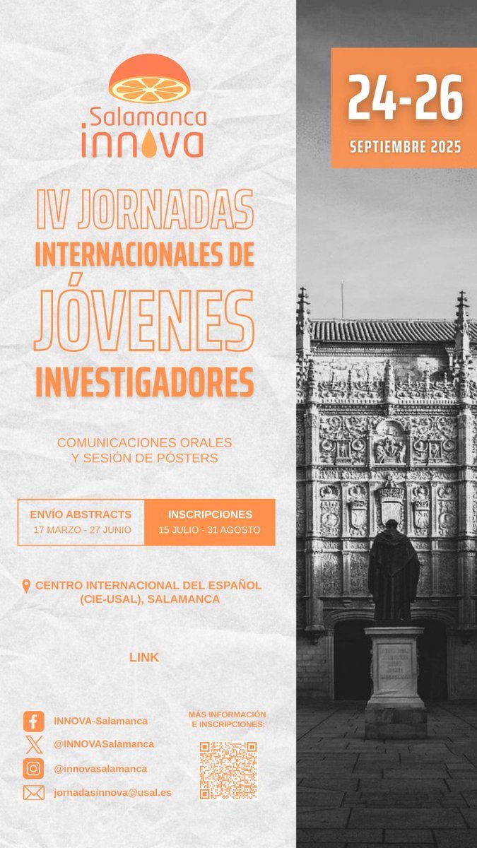 FJI-PRECARIAS (@fjiprecarios) on Twitter photo 📢IV Jornadas Internacionales de Jóvenes Investigadores organizadas por <a href="/INNOVASalamanca/">INNOVA Salamanca - FJI-Precarios</a>
¡Presenta tu investigación! Abierto el plazo de envío de abstracts en todas las áreas científicas hasta el 27 de junio 🗓️
Más info en 🔗 eventum.usal.es/132542/detail/… 📢IV Jornadas Internacionales de Jóvenes Investigadores organizadas por <a href="/INNOVASalamanca/">INNOVA Salamanca - FJI-Precarios</a>
¡Presenta tu investigación! Abierto el plazo de envío de abstracts en todas las áreas científicas hasta el 27 de junio 🗓️
Más info en 🔗 eventum.usal.es/132542/detail/…