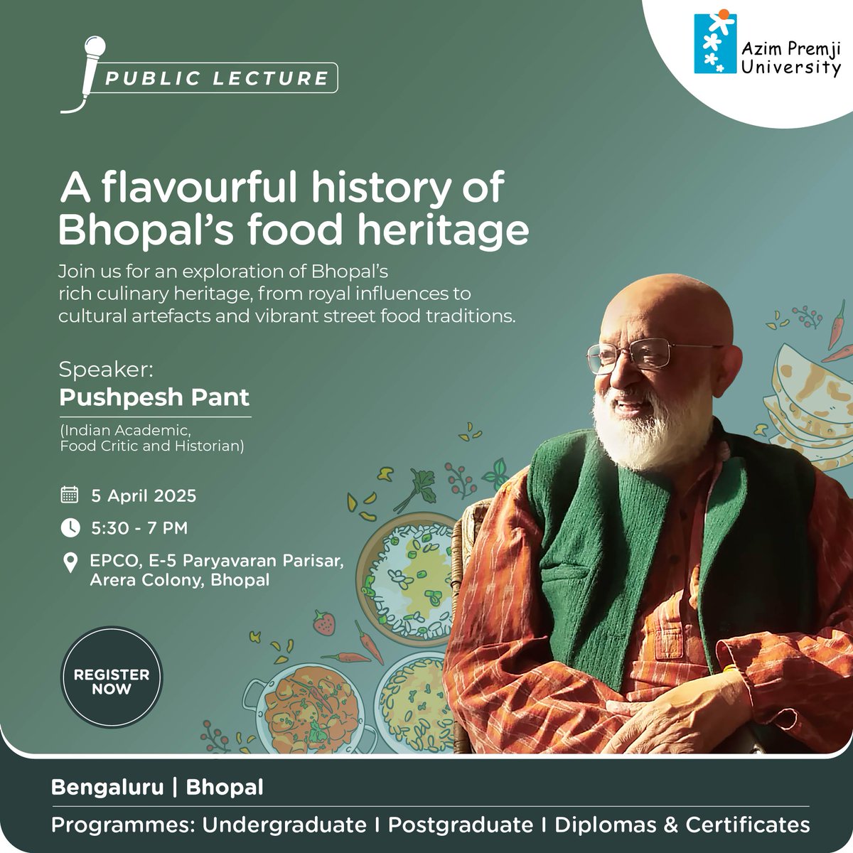 Join us for an evening with Pushpesh Pant as he unravels Bhopal’s culinary heritage—from palace kitchens to street food, shaped by Delhi, Rampur, Awadh &amp; more.

📅 5 April 2025 | ⏰ 5:30 PM
📍 EPCO, Bhopal
🔗 Register: bit.ly/Bhopal-food-he…

#PublicLecture #Bhopal