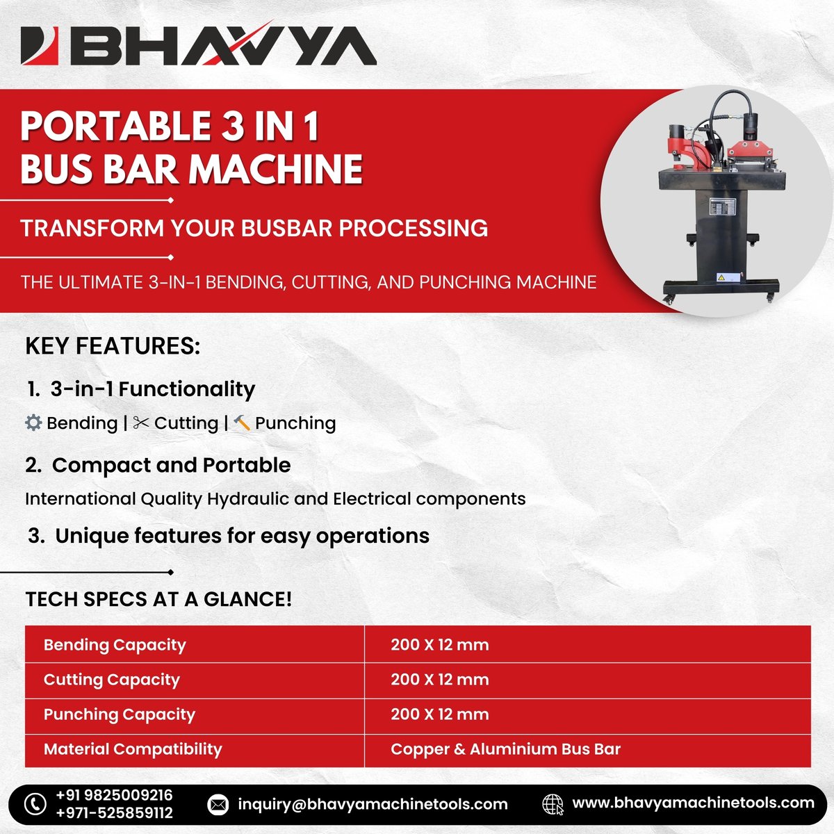 machinery_tools's tweet image. Bhavya's Portable 3-in-1 Bus Bar Machine offers precise bending, cutting, and punching for copper and aluminum bus bars with compact, efficient operation.
visit : bhavyamachinetools.com
#bhavyamachine #BusBarMachine #PortableBusBarMachine #BusBarProcessing #PrecisionEngineering