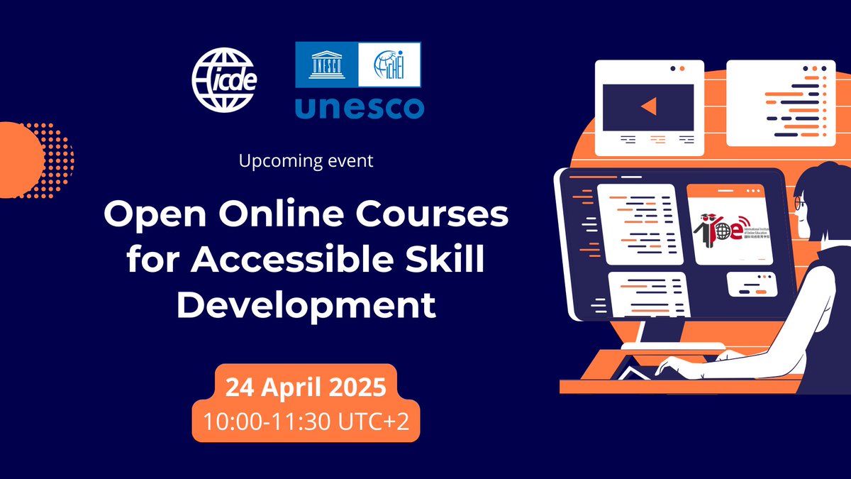 Discover UNESCO-ICHEI's open online courses for accessible skill development! 🎓
 
Join us for this interactive session led by ICDE partner, <a href="/UNESCO_ICHEI/">UNESCO-ICHEI</a>! 

📅  24 April 2025
🕘  10:00-11:30 UTC+2
🔓 Open to all
🔗  Register: tinyurl.com/ynfkmxkz