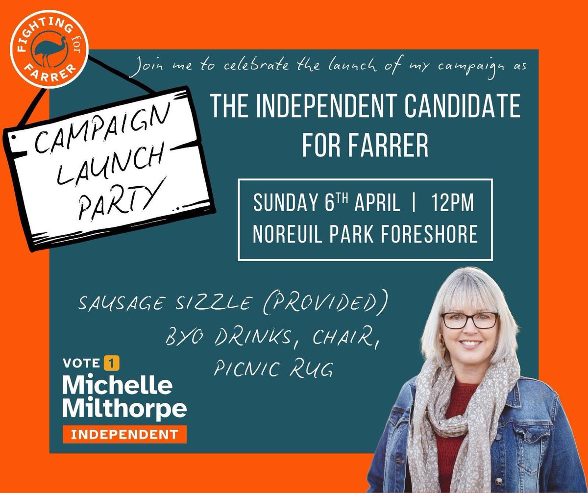 WeAreFarrer's tweet photo. Hey #Farrer
Come and be part of MICHELLE MILTHORPE’S campaign launch
See you there
#AusPol #Michelle4Farrer #MichelleMilthorpe #FightingForFarrer #TooSafeForTooLong #IndependentsDay #VoteLikeDemocracyDependsOnIt #TooBigToBeIgnored #PoliticsDoneDifferently https://t.co/3AwRtkIqV4