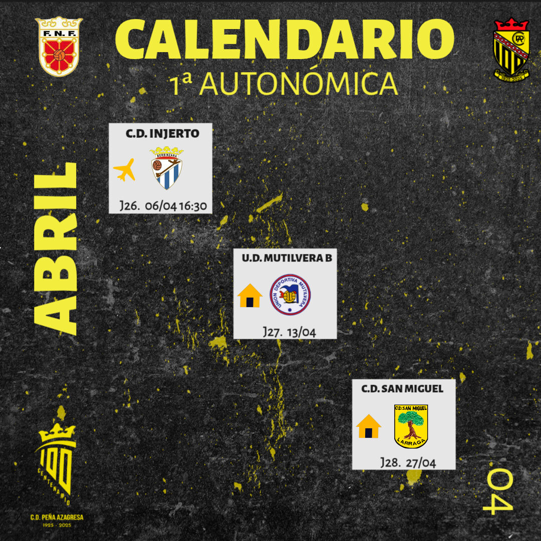 #🗓️CALENDARIO. Así queda nuestro calendario para este mes de ABRIL:

 ✈️ 06/04 VS <a href="/CDINJERTO/">C.D. INJERTO</a> 16:30

 🏠 13/04 VS <a href="/UD_Mutilvera/">U.D.Mutilvera</a> B

 🏠 27/04 VS #CDSanMiguel

Aúpa Peña!!

#100añosdehistoriaconstruyamoselfuturo