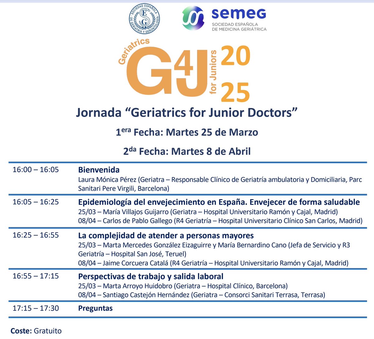 📣Si no pudiste unirte a las pasada sesión, ¡no te pierdas la segunda! Jornadas "Geriatric for Junior Doctors" el próximo 8 de abril en el siguiente enlace: zoom.us/meeting/regist… #JovenesSEGG
<a href="/seggeriatria/">SEGG</a> <a href="/semeg_es/">𝗦𝗘𝗠𝗘𝗚</a>