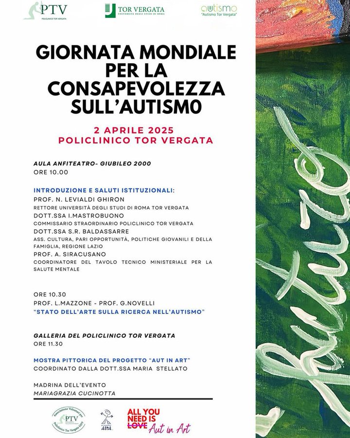 Policlinico Tor Vergata (@ptvonline2001) on Twitter photo 📅2 aprile I 10:00 I <a href="/ptvonline2001/">Policlinico Tor Vergata</a>
Nella Giornata mondiale per la consapevolezza sull'#autismo , si terrà un convegno di approfondimento con esperti di fama internazionale. L'evento si concluderà con la presentazione della mostra pittorica “Aut in Art”.
<a href="/unitorvergata/">Università di Roma Tor Vergata</a> 📅2 aprile I 10:00 I <a href="/ptvonline2001/">Policlinico Tor Vergata</a>
Nella Giornata mondiale per la consapevolezza sull'#autismo , si terrà un convegno di approfondimento con esperti di fama internazionale. L'evento si concluderà con la presentazione della mostra pittorica “Aut in Art”.
<a href="/unitorvergata/">Università di Roma Tor Vergata</a>