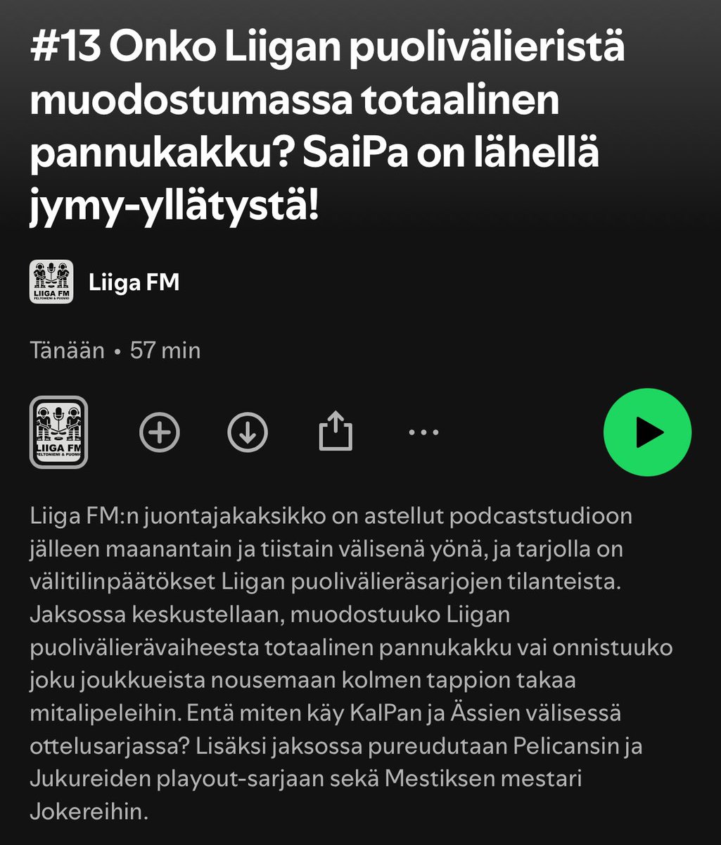 Puolivälierien välitilinpäätösten aika! 🎙️

Aihelistalla puolivälieräsarjat:
#Lukko - #VaasanSport
#Ilves - #Tappara
#HIFK - #SaiPa
#KalPa - #Ässät

Lisäksi puhetta karsintakahinoiden jengeistä #Jukurit #PelicansFi #Jokerit 👊

Jakso kuunteluun ➡️ open.spotify.com/episode/79c87G…

#Liiga