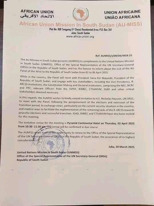 PonnieSheila's tweet image. The African Union Panel of the Wise is set to visit South Sudan from April 2-6, 2025 to engage with key stakeholders, including President Salva Kiir, on the peace process and elections timeline.
#SouthSudan #AfricanUnion #PeaceProcess #Elections2025
