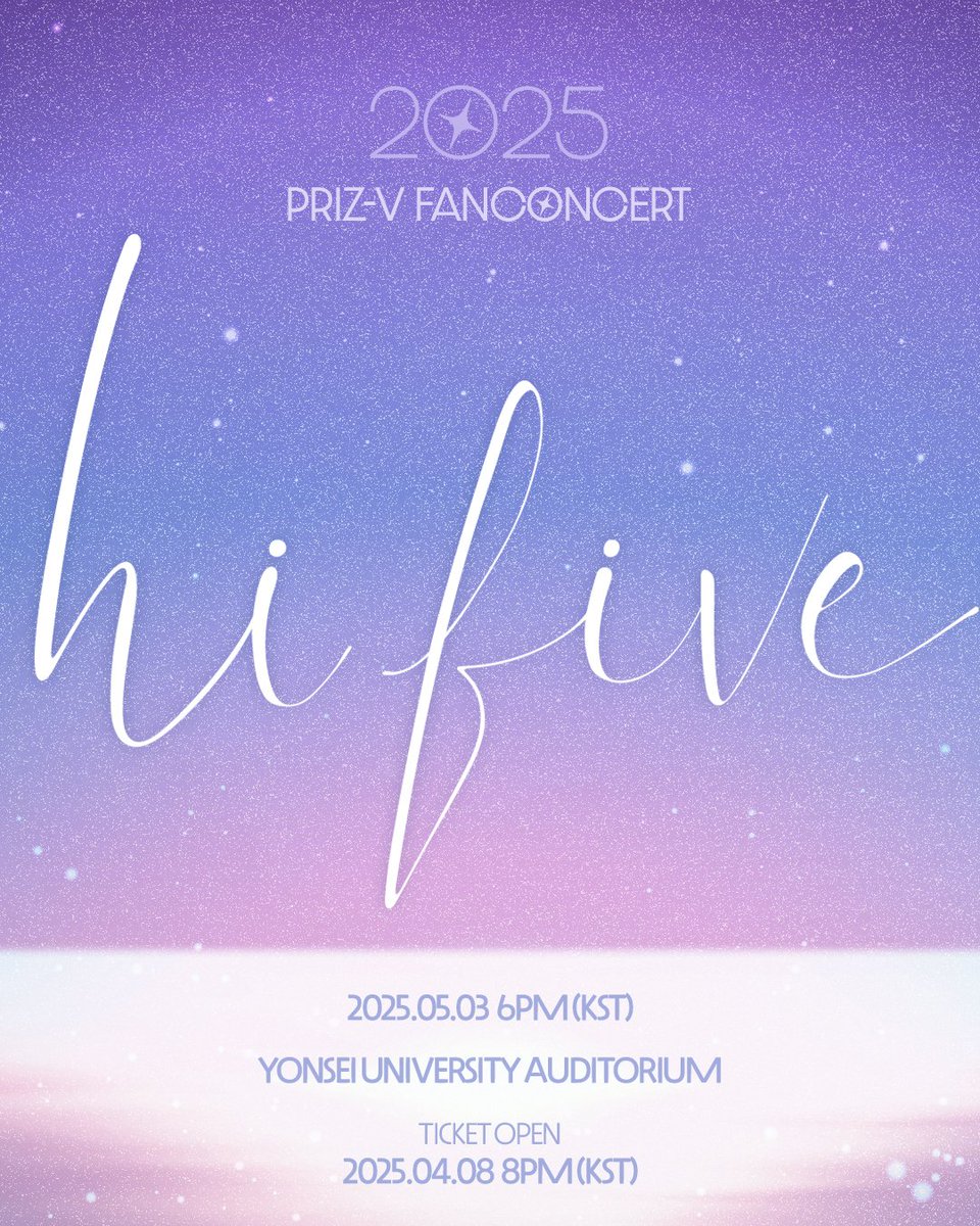 official_priz's tweet image. Priz-V

FIRST FANCONCERT &amp;lt;Hi-Five&amp;gt;

🎨 Hi-Five
YONSEI UNIVERSITY AUDITORIUM (연세대학교대강당)
2025.05.03 SAT 6PM (KST)

💌 TICKET OPEN
2025.04.08 TUE 8PM (KST)
🔗iii.ad/6cca54

#PrizV_HIFIVE #FANCONCERT
#Priz #프리즈 #PrizV #프리즈브이
#구슬요 #따린 #모라라 #엘시 #해리