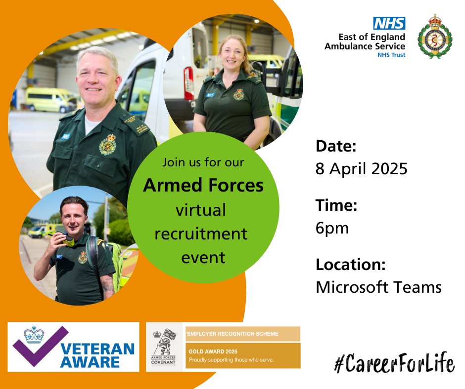 Our virtual recruitment event for the armed forces community is taking place next week!

Join us on Tuesday 8 April at 6pm on Microsoft Teams if you have any questions about starting a #CareerForLife with us.

Express your interest: eastamb.nhs.uk/form/expressio…