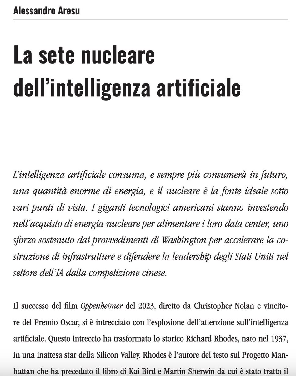 Alessandro Aresu (@alearesu) on Twitter photo Sull'ultimo numero di <a href="/Aspeniaonline/">Aspenia online</a> il mio articolo su intelligenza artificiale e nucleare, che si apre con un omaggio al leggendario Richard Rhodes Sull'ultimo numero di <a href="/Aspeniaonline/">Aspenia online</a> il mio articolo su intelligenza artificiale e nucleare, che si apre con un omaggio al leggendario Richard Rhodes
