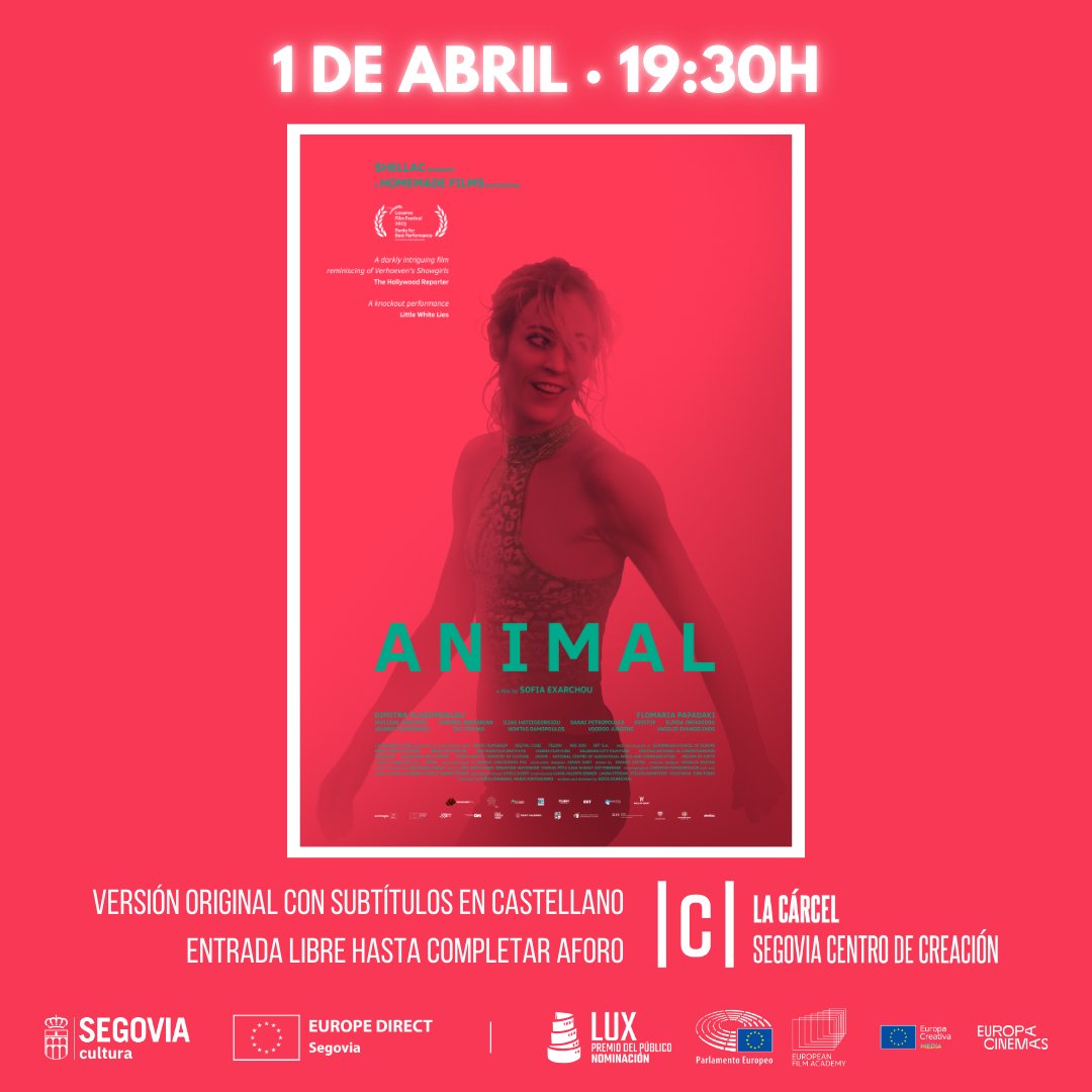 🇪🇺 EUROPE DIRECT Segovia (@europedirectseg) on Twitter photo 🎬 Hoy comienza el Ciclo de Cine Europeo con #Animal de Sofia Exarchou.
📅 1 de abril
⏰ 19:30h
📌 <a href="/CarcelSegovia/">La Cárcel. Segovia</a>
🇪🇺 🇪🇸 Película en #VOSE
🎟️ Entrada libre hasta completar aforo.
💙 Gracias al <a href="/Europarl_ES/">Parlamento Europeo en España</a>
Vota tu película favorita <a href="/luxaward/">LUX Audience Award</a> | lux-award.europarl.europa.eu/es 🎬 Hoy comienza el Ciclo de Cine Europeo con #Animal de Sofia Exarchou.
📅 1 de abril
⏰ 19:30h
📌 <a href="/CarcelSegovia/">La Cárcel. Segovia</a>
🇪🇺 🇪🇸 Película en #VOSE
🎟️ Entrada libre hasta completar aforo.
💙 Gracias al <a href="/Europarl_ES/">Parlamento Europeo en España</a>
Vota tu película favorita <a href="/luxaward/">LUX Audience Award</a> | lux-award.europarl.europa.eu/es