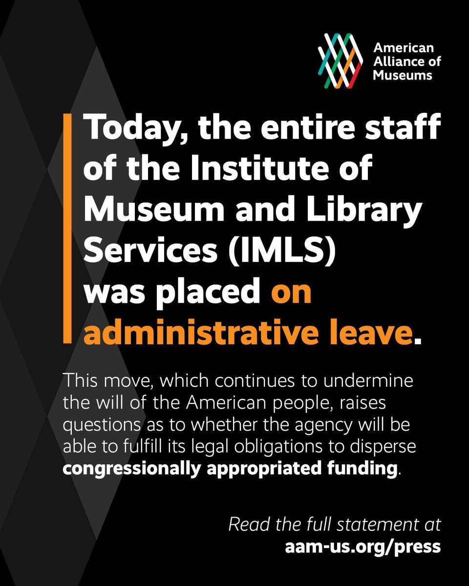 Statement from Culture For Causes Network (organizer of MuseumWeek) about the recent suspension of the entire IMLS staff and the broader implications for cultural institutions worldwide.

museum-week.org/post/statement… 

#Museums #Culture #SocialCohesion