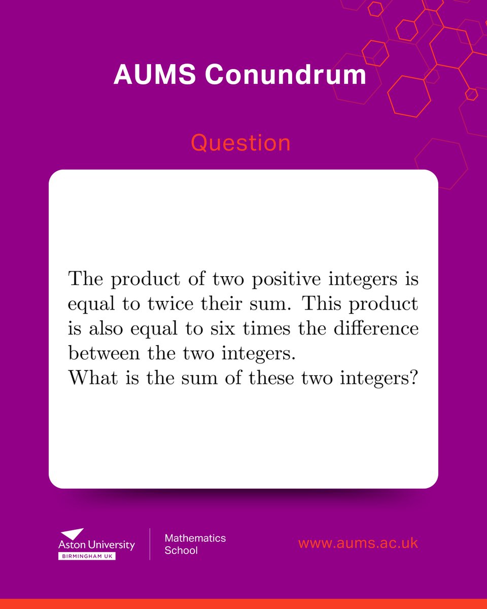 AUMS Weekly Conundrum!

Weekly maths challenges for Year 10 &amp; 11 students,
 
🔽This week’s conundrum is posted below! 🔽
Drop your answers in the comments and explain your thinking! Who will solve it first? 🏆

#MathsChallenge #BrainTeaser #maths #UMaths #mathsschool #aston