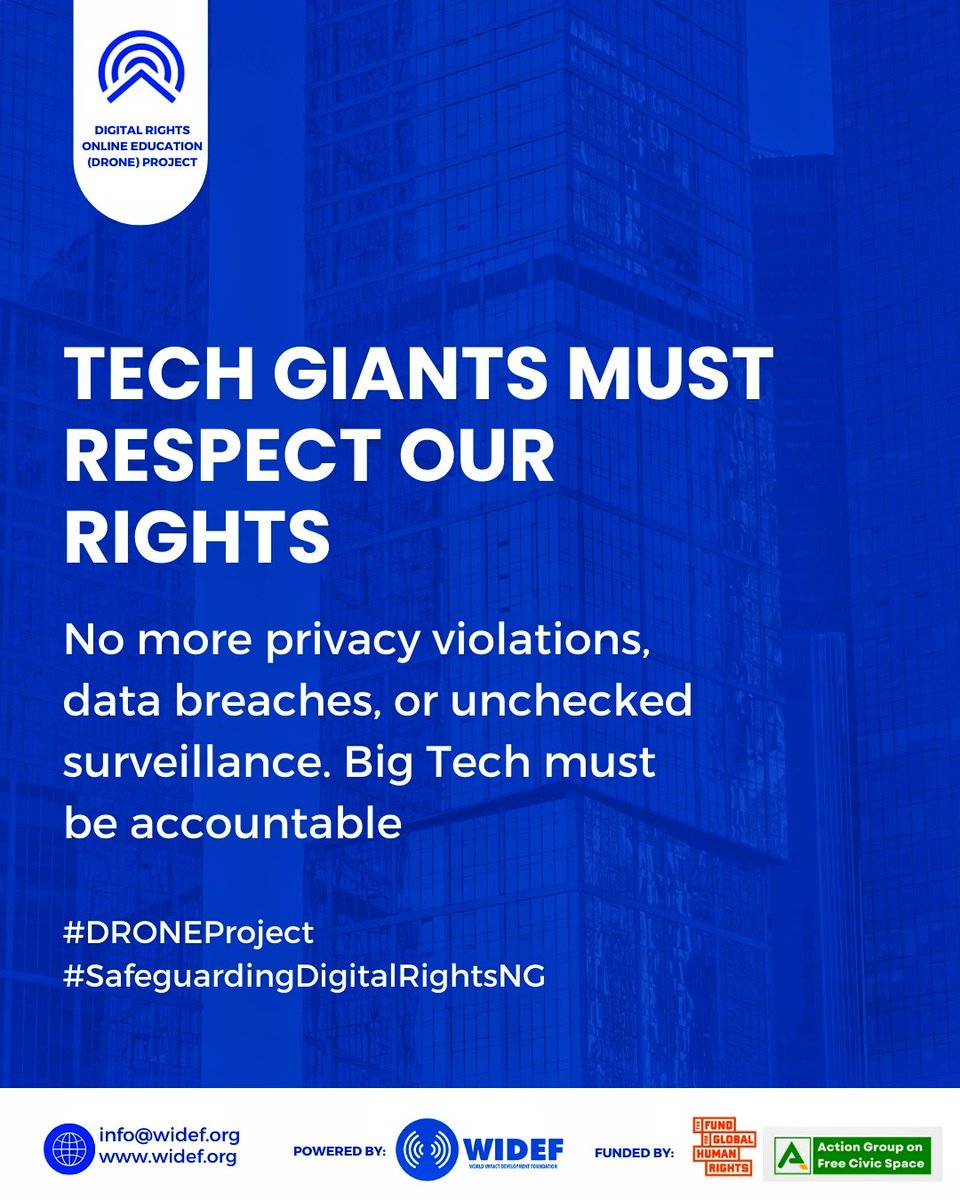 wideflive's tweet image. Tech Giants Must Respect Our Rights!

No more privacy violations, data breaches, or unchecked surveillance. 
Big Tech must be accountable! 

#DigitalRights
#DRONEProject #SafeguardingDigitalRightsNG