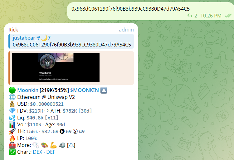 I’ve been hard shilling Moonkin since yesterday evening, and it looks like people are liking the narrative. Let’s send it higher. I mean, its only 800K market cap, right?

0x968dC061290f76f90B3b939cC9380D47d79A54C5

At first, I only knew that it was Vitalik's avatar, the bird