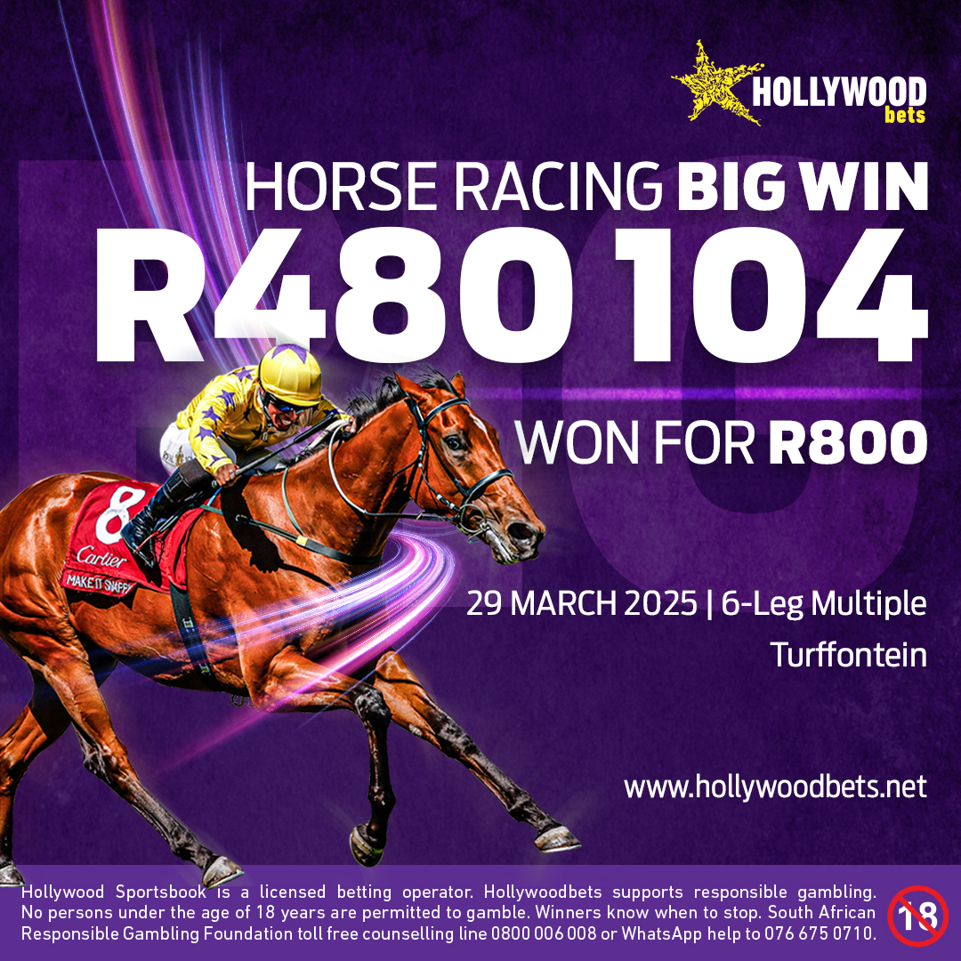 Hollywoodbets's tweet photo. One lucky punter won a massive R480 104 from a 6-Leg Multiple bet of R800 at Turffontein this past Saturday! ππ€©
#HWBTWT #HorseRacing #WinningForm https://t.co/ydGOqx9jUs