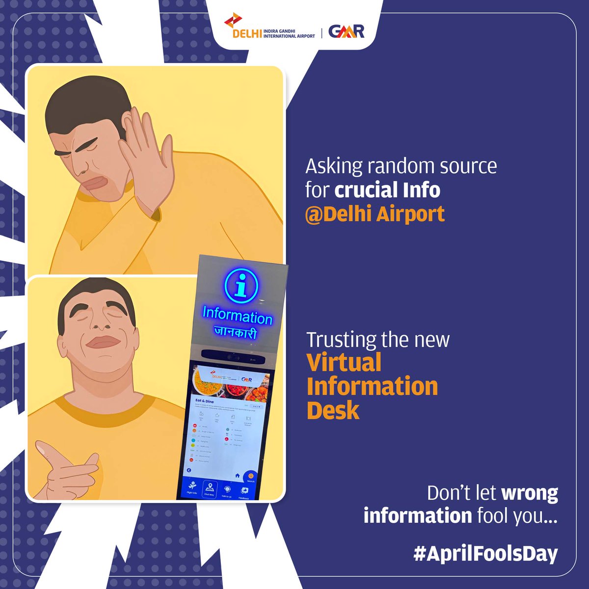 DelhiAirport's tweet photo. Skip the guesswork, trust the best work!
Get the right information from the Virtual Information Desk at Delhi Airport!
#AprilFoolsDay #FoolsDay #DELAirport #VirtualInformationDesk https://t.co/AgfwHCr6YB