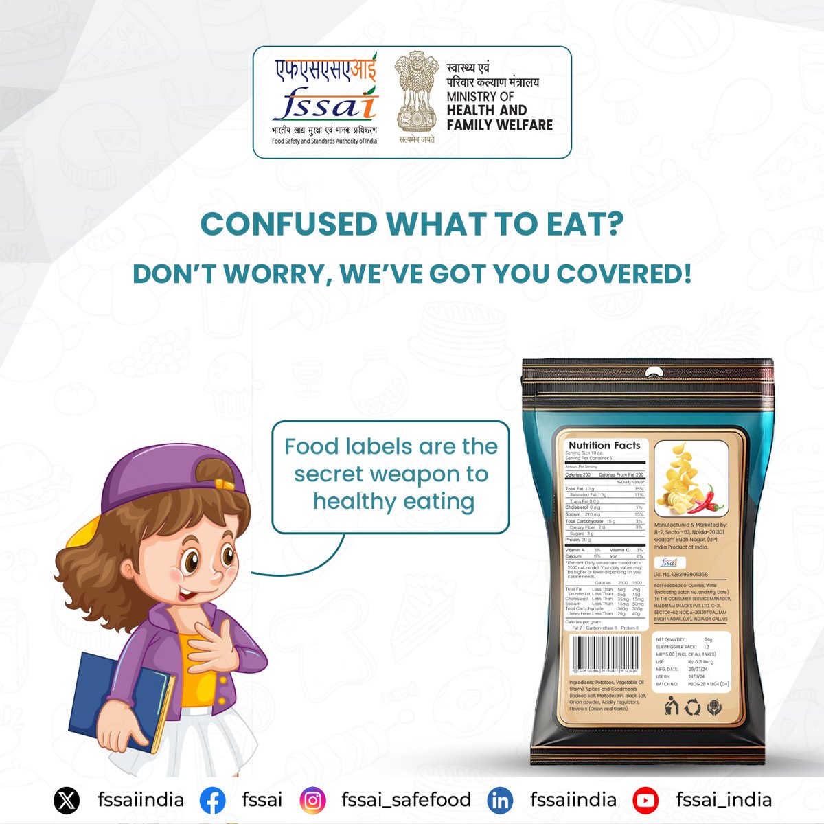 fssaiindia's tweet photo. Fighting obesity in India starts with informed choices. Decoding food labels is a crucial step in making healthier dietary decisions. But understanding them is key to making healthier choices. #StopObesity #FightObesity #HarLabelKuchKahtaHai #FSSAILabelling https://t.co/0Fm46pxO6z