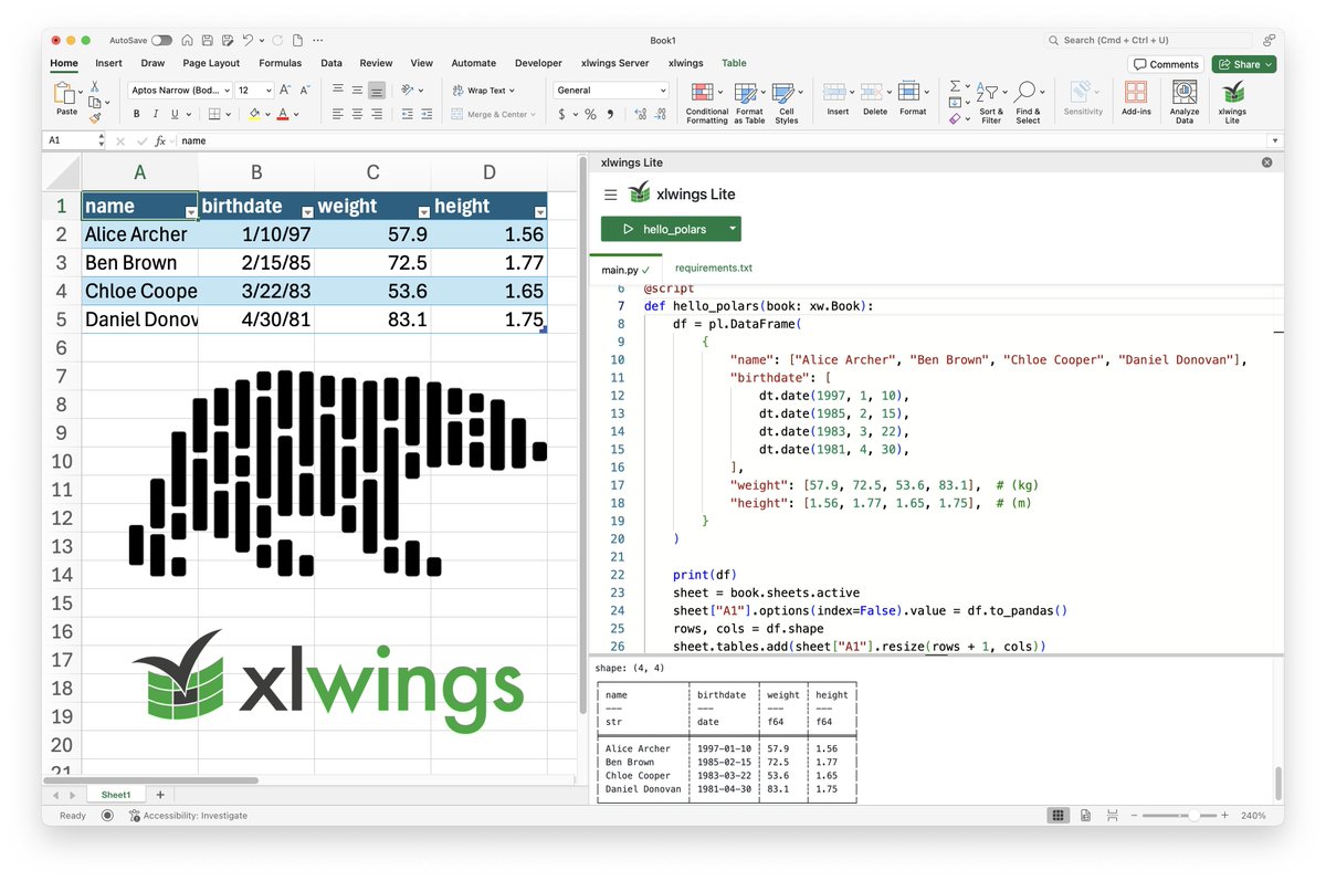 felixzumstein's tweet image. 🐻❄️ The next-generation DataFrame is Polars (@DataPolars).
🦅 The next-generation Python in Excel solution is xlwings Lite (@xlwingsorg).
🔥 And this is how polars and xlwings Lite look when they team up inside Excel! 🚀📊 👇
#xlwings #polars #pythoninexcel #python…