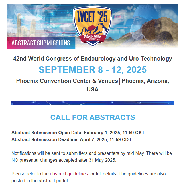 Abstract submissions are DUE IN 1 WEEK for the 42nd World Congress of Endourology and Uro-Technology!  

Submit today: meetings.association-service.org/wcet/2025/abst…

Deadline is April 7. See you at #WCET25!