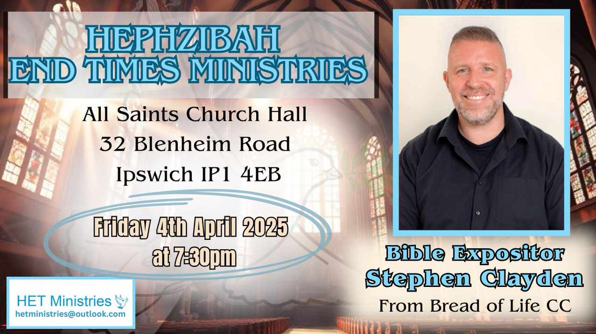 ClaydenStephen's tweet image. Very blessed to be speaking at Hephzibah ETM in Ipswich this Friday evening. The teaching will be followed by Q &amp;amp; A. Hope to see you there 🙏🏻

#jesus #Hephzibah #teaching #sermon #ipswich #suffolk #colchester #essex #Clacton #conference #Israel #bible #WordOfGod #fypシ #fypageシ