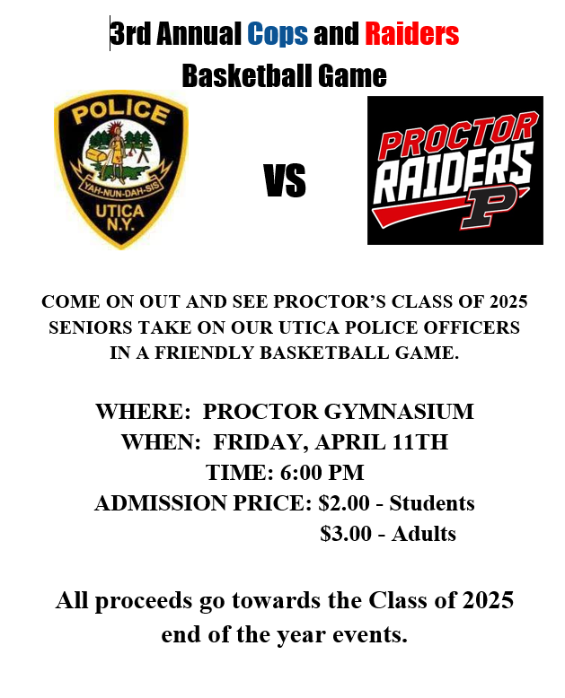 UticaPolice's tweet photo. Please help us support the Proctor High School senior class of 2025 as we go head to head against them in the third annual basketball game. https://t.co/jCHz6efH53