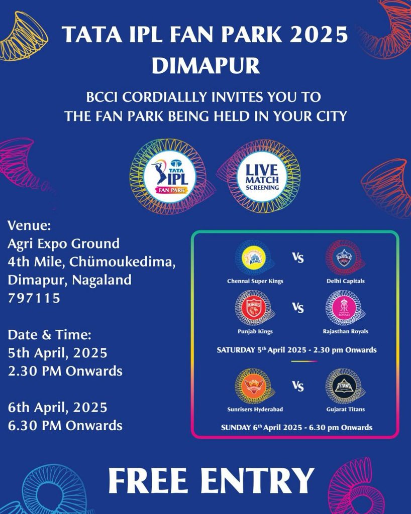 The world’s 5th richest sporting league @TATAIPL25 #FanPark finally reaches Nagaland.A BIG thanks to the <a href="/BCCI/">BCCI</a> leadership and the IPL Governing Council for the trust on <a href="/Nagaland_CA/">Nagaland Cricket Association</a>.This is surely going to take the game to another level in the state. Be there for your teams.