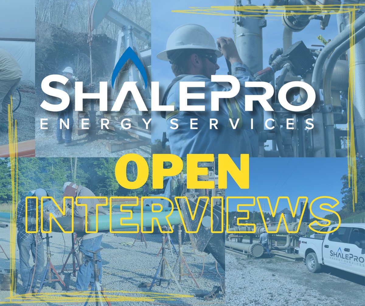 ShalePro's tweet photo. Don't forget! We are have OPEN INTERVIEWS today in Clarksburg!
🔹 Looking for Roustabouts
🔹 Full time positions
🔹 Benefits eligible
🔹 Local work

Stop in from 9am-3pm and be guaranteed an interview!
 📍 17 Lane Drive Clarksburg, WV https://t.co/iDTQXpCFEp