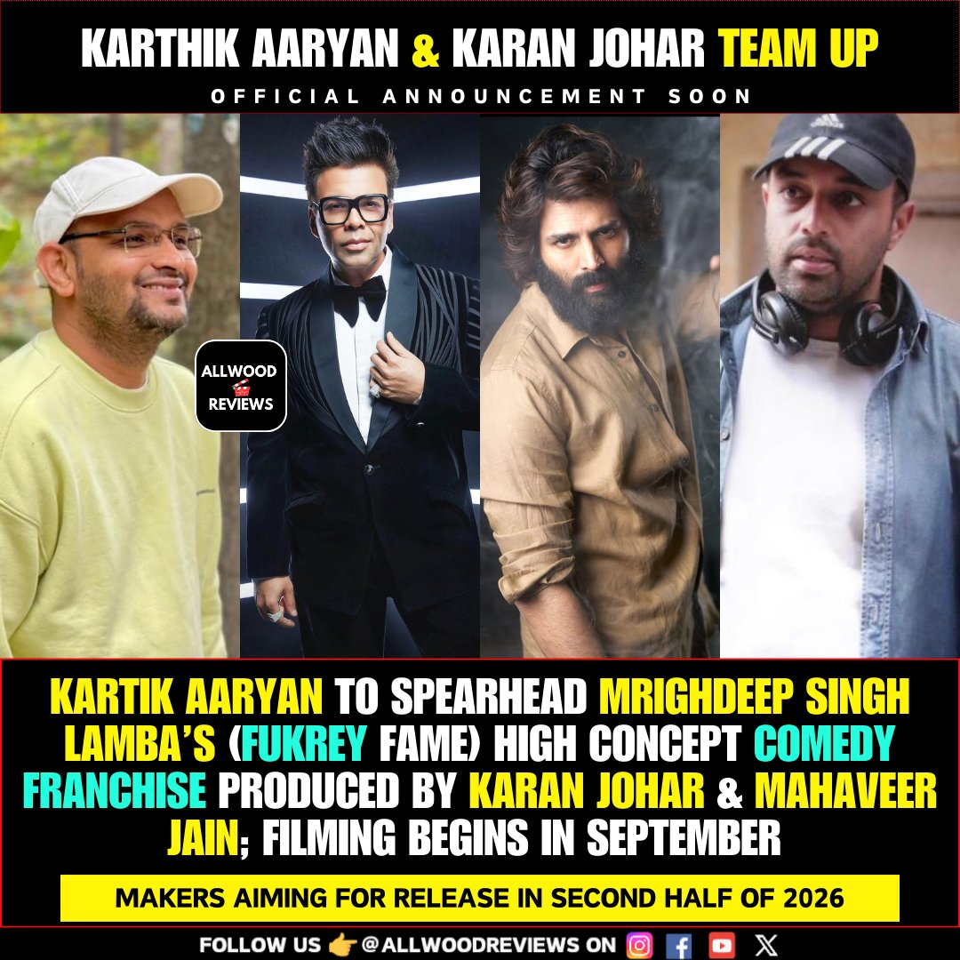 AllwoodReviews's tweet photo. #KartikAaryan &amp; #KaranJohar reunite for a high concept comedy franchise directed by #MrighdeepSinghLamba! Produced by #KaranJohar &amp; #MahaveerJain, this comic caper is planned as a trilogy &amp; hits floors in Sept 2025! Aim to release in the second half of 2026 https://t.co/akO4u4rKig