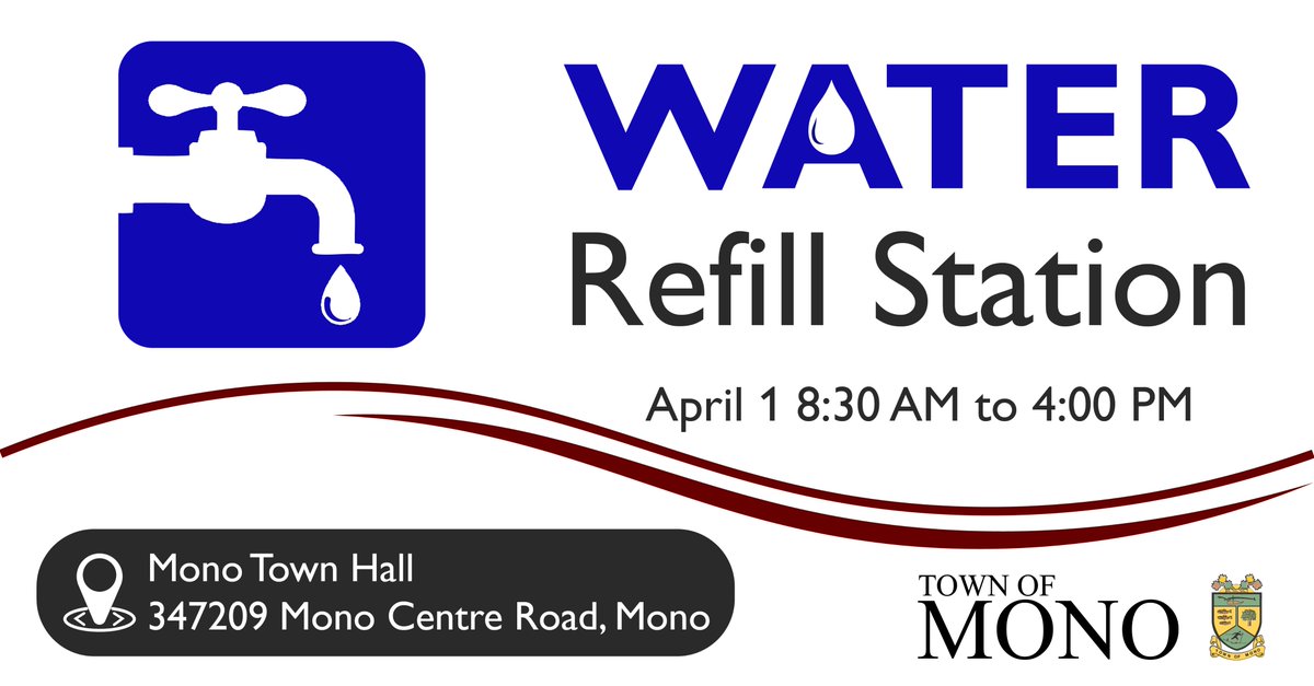 Reminder: there is a water refill station 💧 at Mono Town Hall (347209 Mono Centre Road). It's open today (April 1) until 4:00 PM. 

There are a limited number of 5 gallon water containers for residents who do not have refillable containers. 

townofmono.com/news-events/20…
