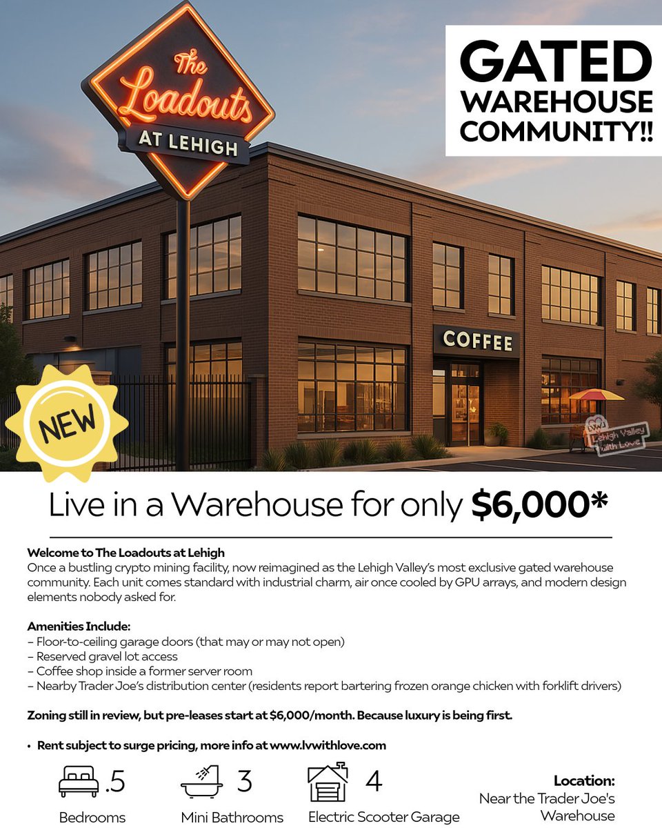 LVwithLove's tweet image. 🚨 NOW LEASING: The Loadouts at Lehigh 🚨
Gated warehouse living for just $6,000/month*

✅ .5 bedrooms
✅ 4 electric scooter garages
✅ Close to a Trader Joe’s warehouse (if you know a forklift guy…)

🔗 lvwithlove.com
#LehighValley #WarehouseLife  #AprilFools