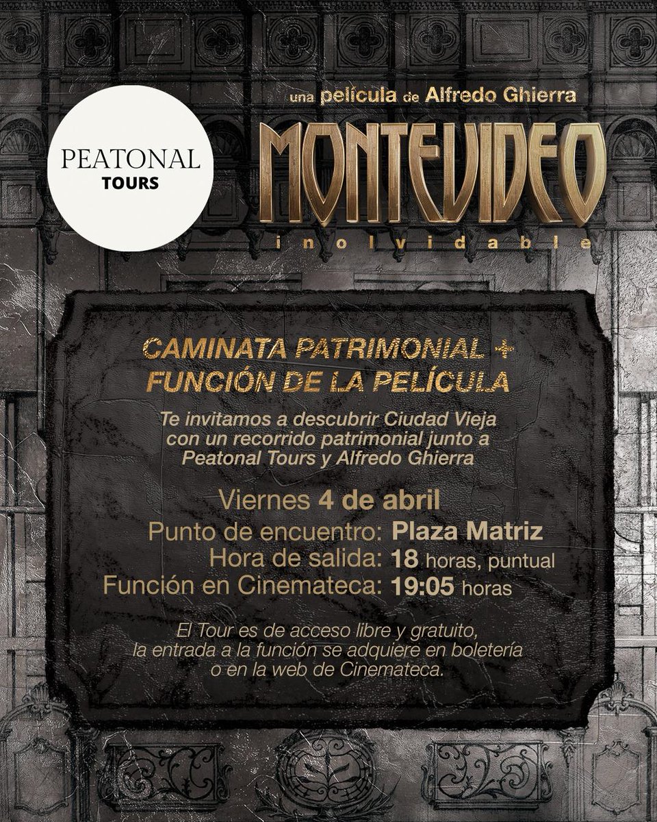 Ghierra Intendente (@alfredoghierra) on Twitter photo Este viernes 4 de abril te invitamos a participar en una “𝗖𝗮𝗺𝗶𝗻𝗮𝘁𝗮 𝗣𝗮𝘁𝗿𝗶𝗺𝗼𝗻𝗶𝗮𝗹” por Ciudad Vieja junto a Peatonal Tours y Alfredo Ghierra, que finalizará con la función especial de Montevideo Inolvidable en <a href="/CinematecaURU/">Cinemateca Uruguaya</a> Este viernes 4 de abril te invitamos a participar en una “𝗖𝗮𝗺𝗶𝗻𝗮𝘁𝗮 𝗣𝗮𝘁𝗿𝗶𝗺𝗼𝗻𝗶𝗮𝗹” por Ciudad Vieja junto a Peatonal Tours y Alfredo Ghierra, que finalizará con la función especial de Montevideo Inolvidable en <a href="/CinematecaURU/">Cinemateca Uruguaya</a>