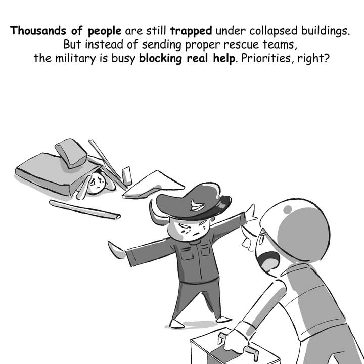 Sagaing &amp; Mandalay are still suffering aftershocks almost every day. Civilians are trying to rescue on their own, but the junta is busy blocking any help. Fu*k dictatorship. 

EMERGENCY AID FOR MYANMAR
#HelpMyanmarQuake