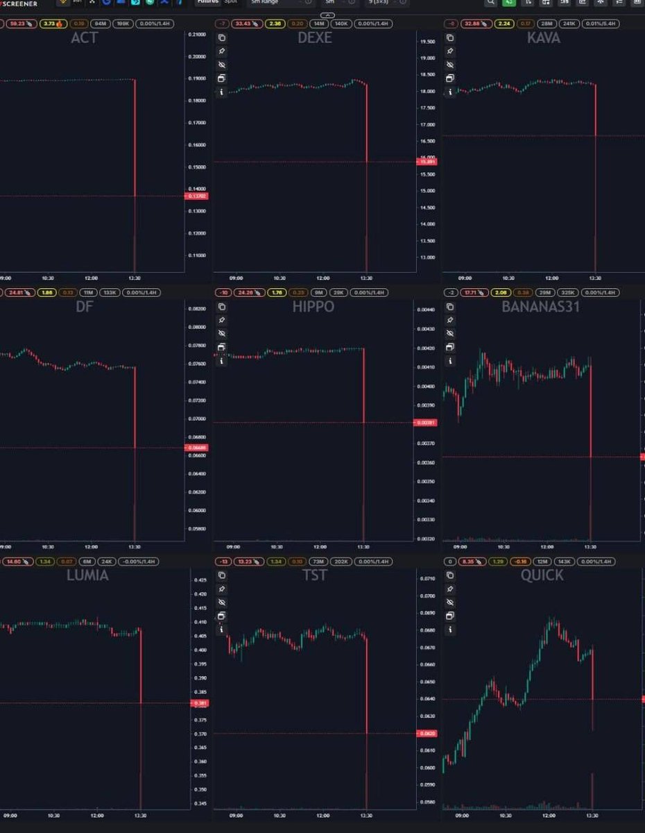 What is happening on Binance? 🤯

A series of projects on #Binance and other exchanges have suddenly plunged, sparking a wave of FUD.

Coins like $ACT, $KAVA, $DEXE, $HIPPO, $DF, $LUMIA, $HMSTR, $QUICK, $TST, and many more have dropped 20%-60% within minutes.

Millions in
