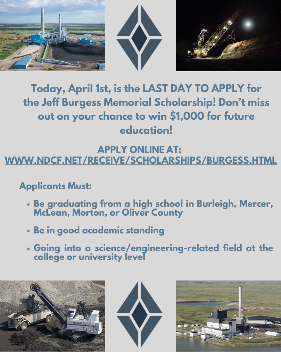Attention all high school seniors: Today is the LAST DAY TO APPLY for the Jeff Burgess Memorial Scholarship!

Eligible students for the scholarship will be:

1. Be graduating from a high school in Burleigh, Mercer, McLean, Morton, or Oliver County

2. Be in good academic standing