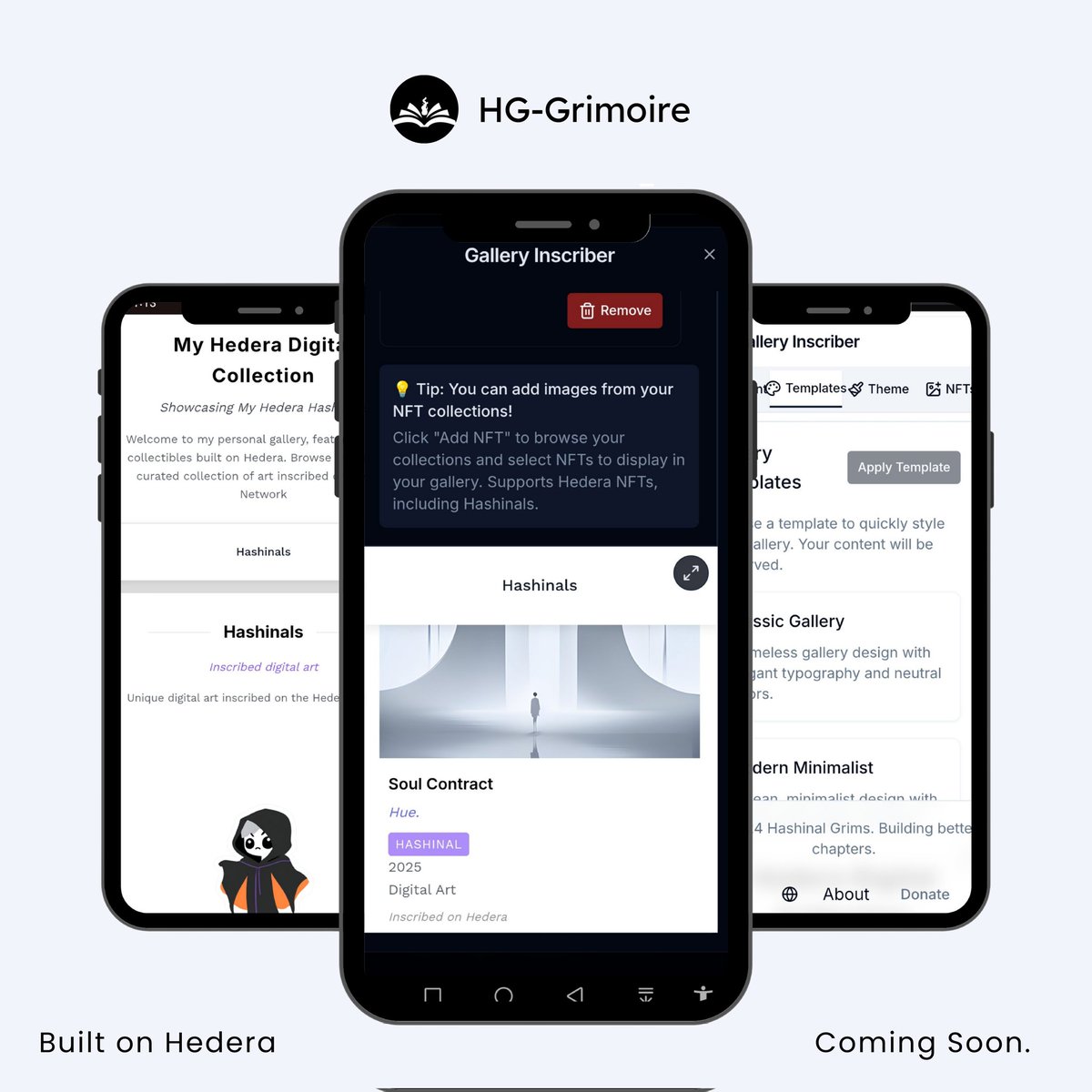 hashinalgrims's tweet image. Introducing HG-Grimoire's Gallery Inscriber(early access)

Create your own simple online gallery to showcase your favorite art, NFTs, and Hashinals with ease. And even better? Make it on-graph!

What can you do?
• Choose from basic gallery templates
• Modify contents of your