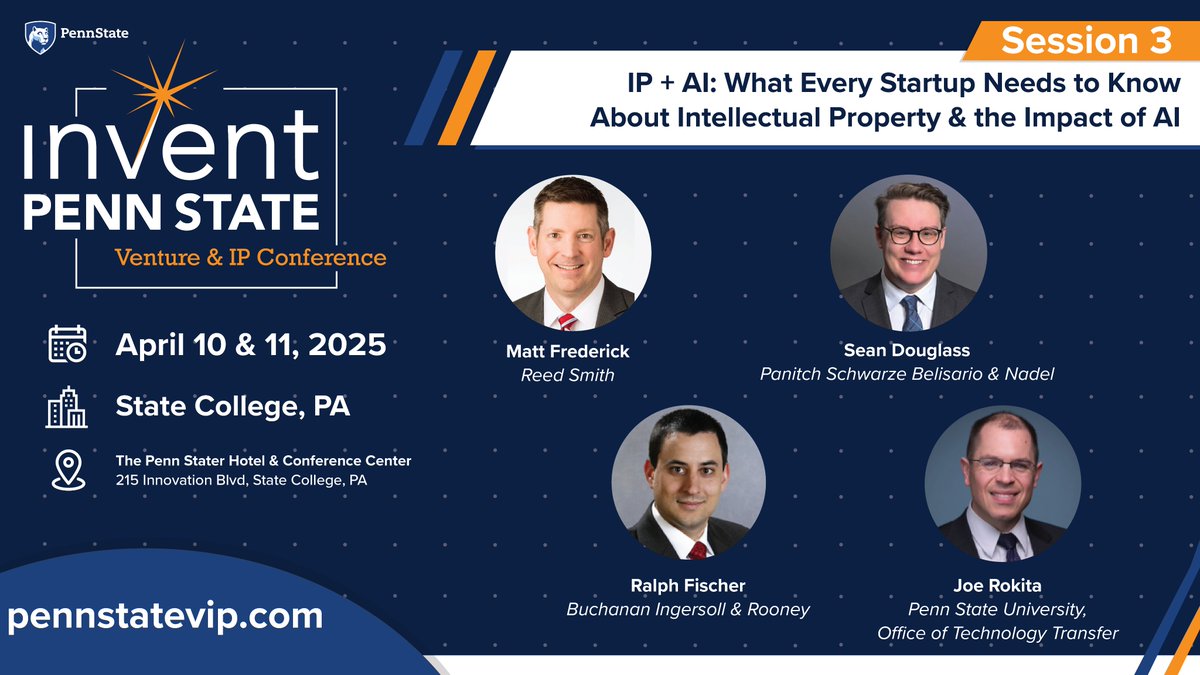 IP + AI: What Every Startup Needs to Know About Intellectual Property and the Impact of AI
In this session: 
✔️ Key IP protections  
✔️ Common startup pitfalls  
✔️ How AI is transforming IP  

Register now! pennstatevip.com

#VentureIPConference #PSUResearch #AI #Tech