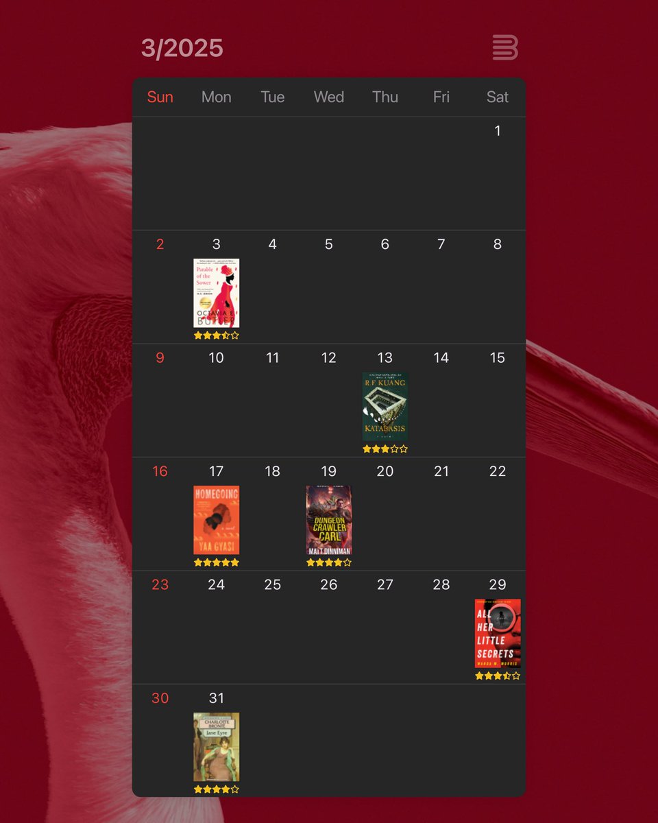 heyrexjohn's tweet photo. march 2025

🌱 parable of the sower - octavia butler

☠️ katabasis - r.f. kuang

🧡 homegoing - yaa gyasi

😹 dungeon crawler carl - matt dinniman

🩸 all her little secrets - wanda lorris

👗 jane eyre - charlotte bronte https://t.co/hVHoZ214GV