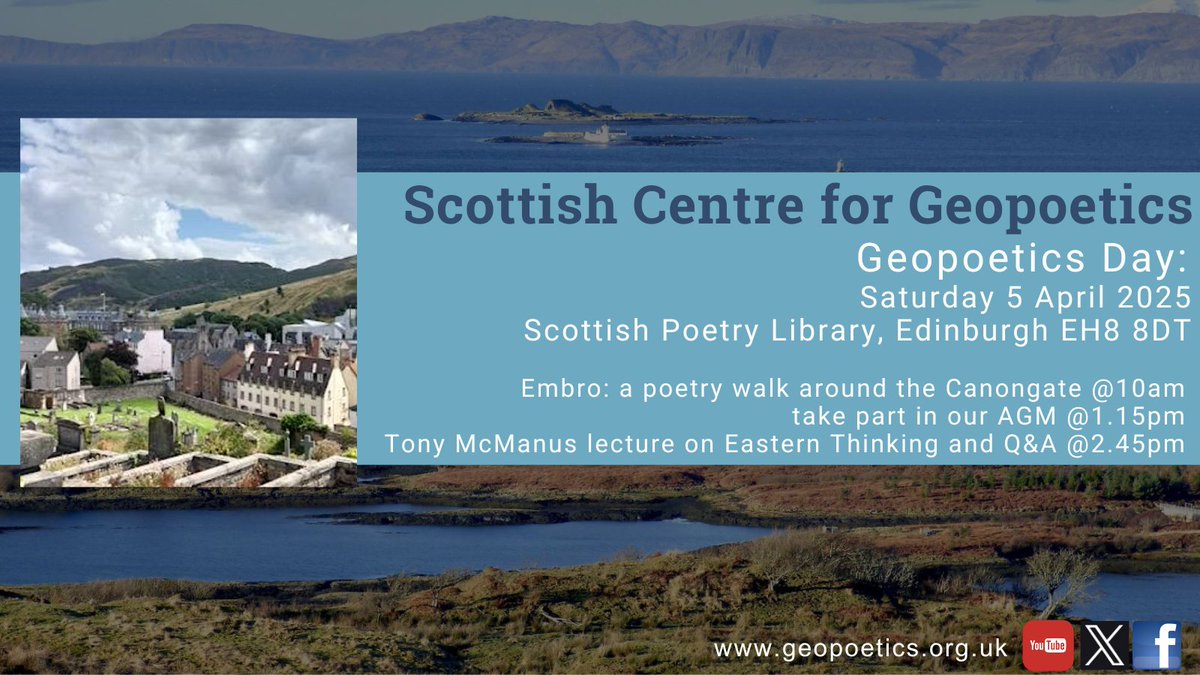 This Saturday 5 April don't miss our Geopoetics Day! Celebrate 30 Years of Geopoetics in Scotland @ the Scottish Poetry Library: Poetry Tour led by Ken Cockburn, AGM, Lecture &amp; Ceilidh! You can also join the afternoon sessions on Zoom. Book now: mailchi.mp/b3a623ad6c4e/g…
