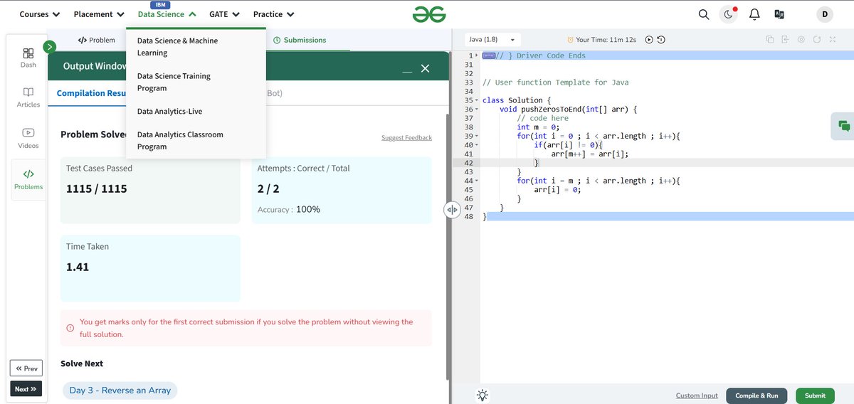 btwitsdivyaaa's tweet photo. 🚀 Day 2 of the #gfg160 challenge by @geeksforgeeks ! 💻🔥
✅ Solved "Moving Zeroes" ⏳
Another problem down, many more to go! 💪
#geekstreak2025 #gfg160 #160DaysOfCode https://t.co/RlqUcfnfJx