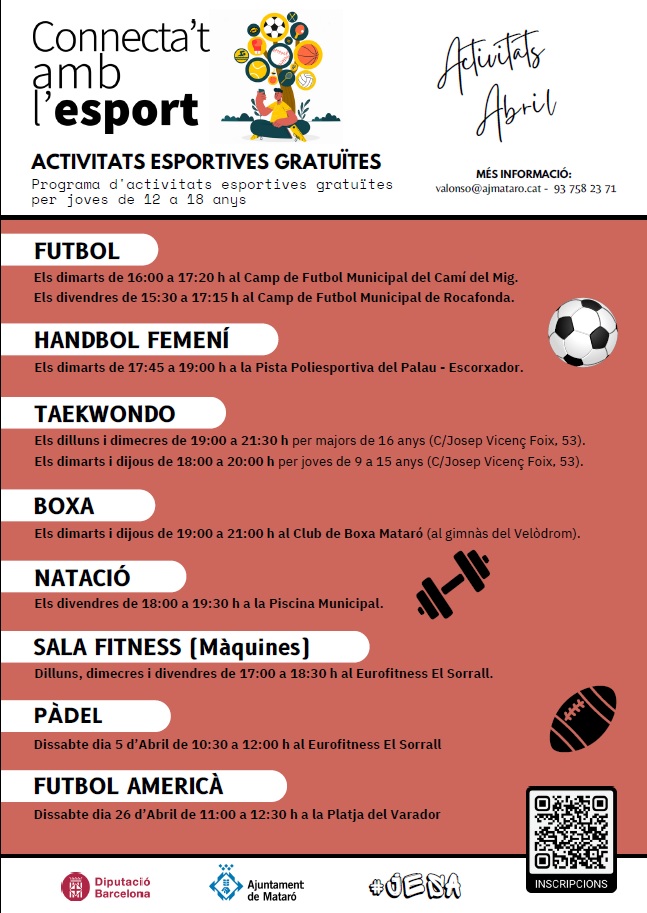 esportmataro's tweet photo. ⚽ "Connecta't amb l'esport"
🔷 Activitat física i esport pels joves!
👉 De 12 a 18 anys
📅 Activitats d’abril
🔶 Setmanals
📝 Informació/Inscripció online
#ProjecteJESA @EsportsDiba
#EsportMataró
Codi QR 👇 https://t.co/ptBFcOxPkG