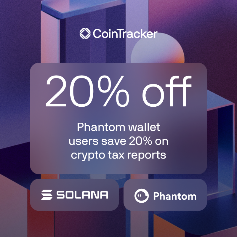 CoinTracker's tweet photo. File your crypto taxes with confidence. 20% off CoinTracker — exclusively for Phantom wallet users.