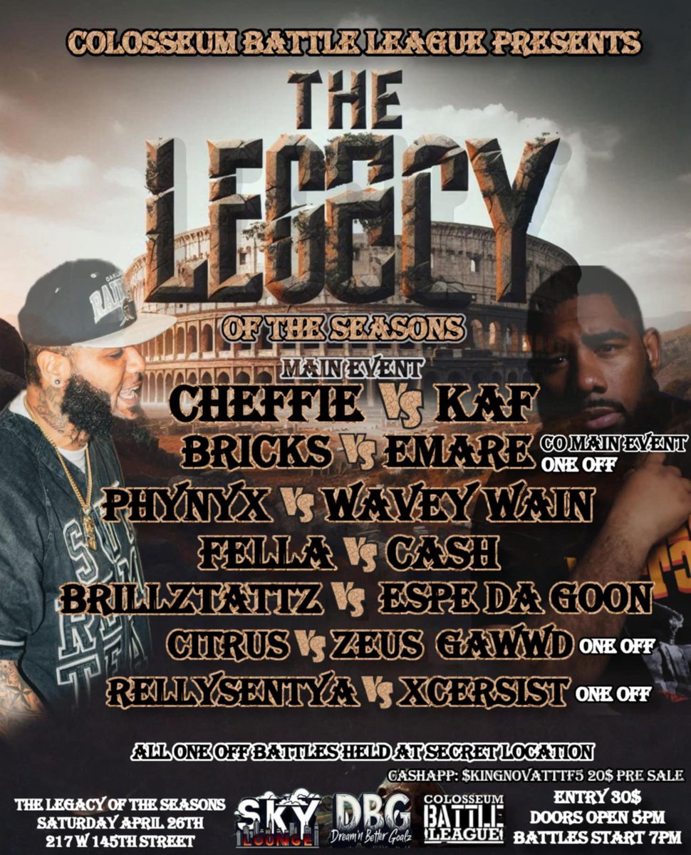 King Nova “Mr . Dream Better (@toast2thefamily) on Twitter photo 🚨Co-Main Event 🚨
The Return Of EmAre vs Bricks One Off April 26
Harlem Get Ya Tickets 🎟️ Now Pre Sale Discount Available Now 👑🤞🏾 <a href="/Mo__Mula/">Mo Mula</a> <a href="/ItsARP/">Sorry Its True Podcast</a> <a href="/MzLeta_Truth/">PHYLLIS JACKSON 🏀</a> <a href="/BlazingTalon/">Phynyx (Naruto of Battle Rap)</a> <a href="/EmAre_LES/">EmAre</a> <a href="/BigCaptNoCap/">Captain Live 🥤</a> <a href="/HennyRell/">Henny Rell</a> <a href="/OTFMZLIVE/">OTFMZ</a> <a href="/hiphopisrealtv/">hiphopisreal.com</a> <a href="/PrezzyPacino83/">Prezzy Da Energy</a> <a href="/J_Got_Skillz/">JSkillz Himandez</a> 🚨Co-Main Event 🚨
The Return Of EmAre vs Bricks One Off April 26
Harlem Get Ya Tickets 🎟️ Now Pre Sale Discount Available Now 👑🤞🏾 <a href="/Mo__Mula/">Mo Mula</a> <a href="/ItsARP/">Sorry Its True Podcast</a> <a href="/MzLeta_Truth/">PHYLLIS JACKSON 🏀</a> <a href="/BlazingTalon/">Phynyx (Naruto of Battle Rap)</a> <a href="/EmAre_LES/">EmAre</a> <a href="/BigCaptNoCap/">Captain Live 🥤</a> <a href="/HennyRell/">Henny Rell</a> <a href="/OTFMZLIVE/">OTFMZ</a> <a href="/hiphopisrealtv/">hiphopisreal.com</a> <a href="/PrezzyPacino83/">Prezzy Da Energy</a> <a href="/J_Got_Skillz/">JSkillz Himandez</a>