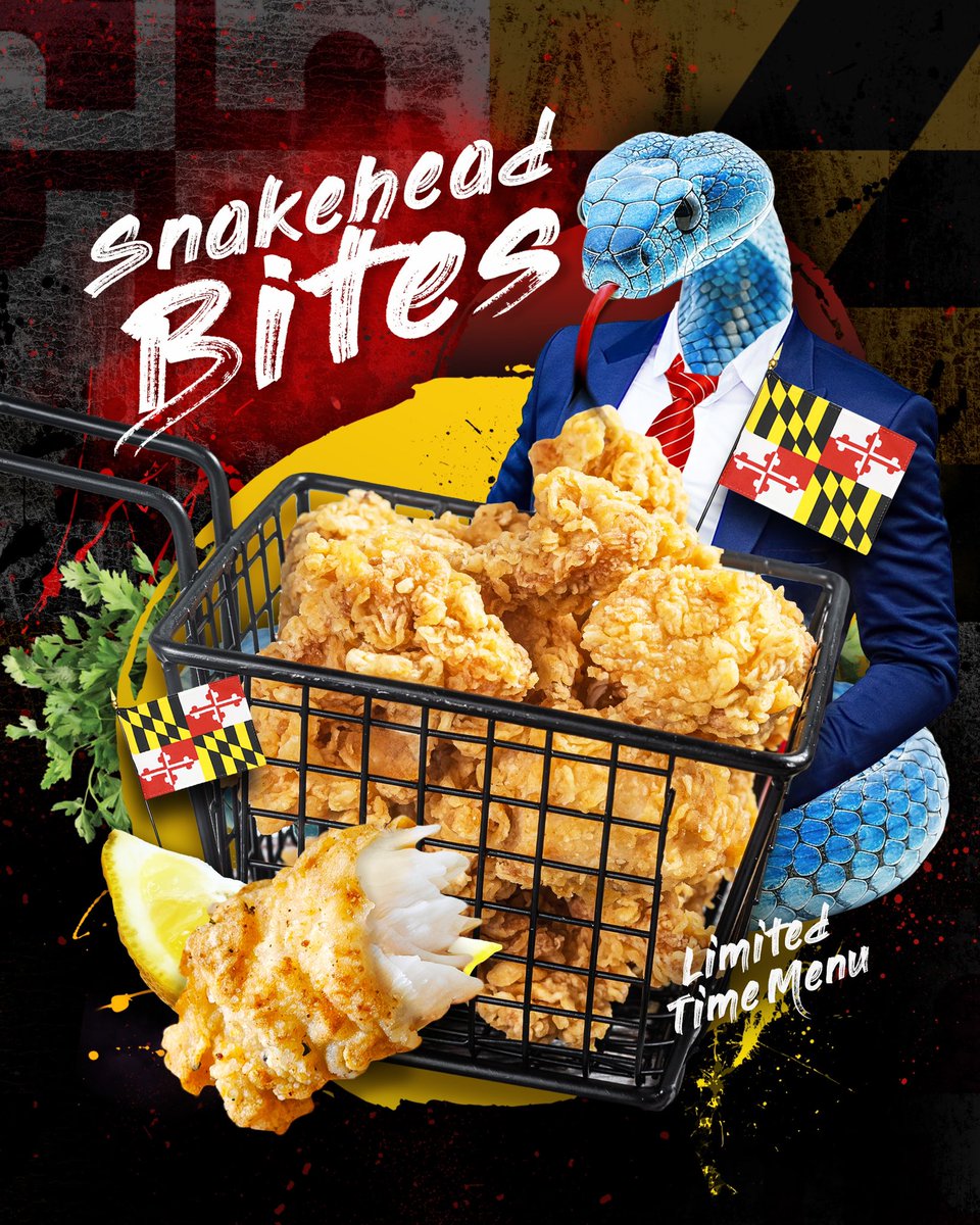 🐍 In honor of Kevin Willard, we present Snakehead Bites.

🐢 Crispy local snakehead nuggets, served with Terrapin Dipping Sauce!

🏀 Price - $16.17, proceeds donated to Turtle NIL.
