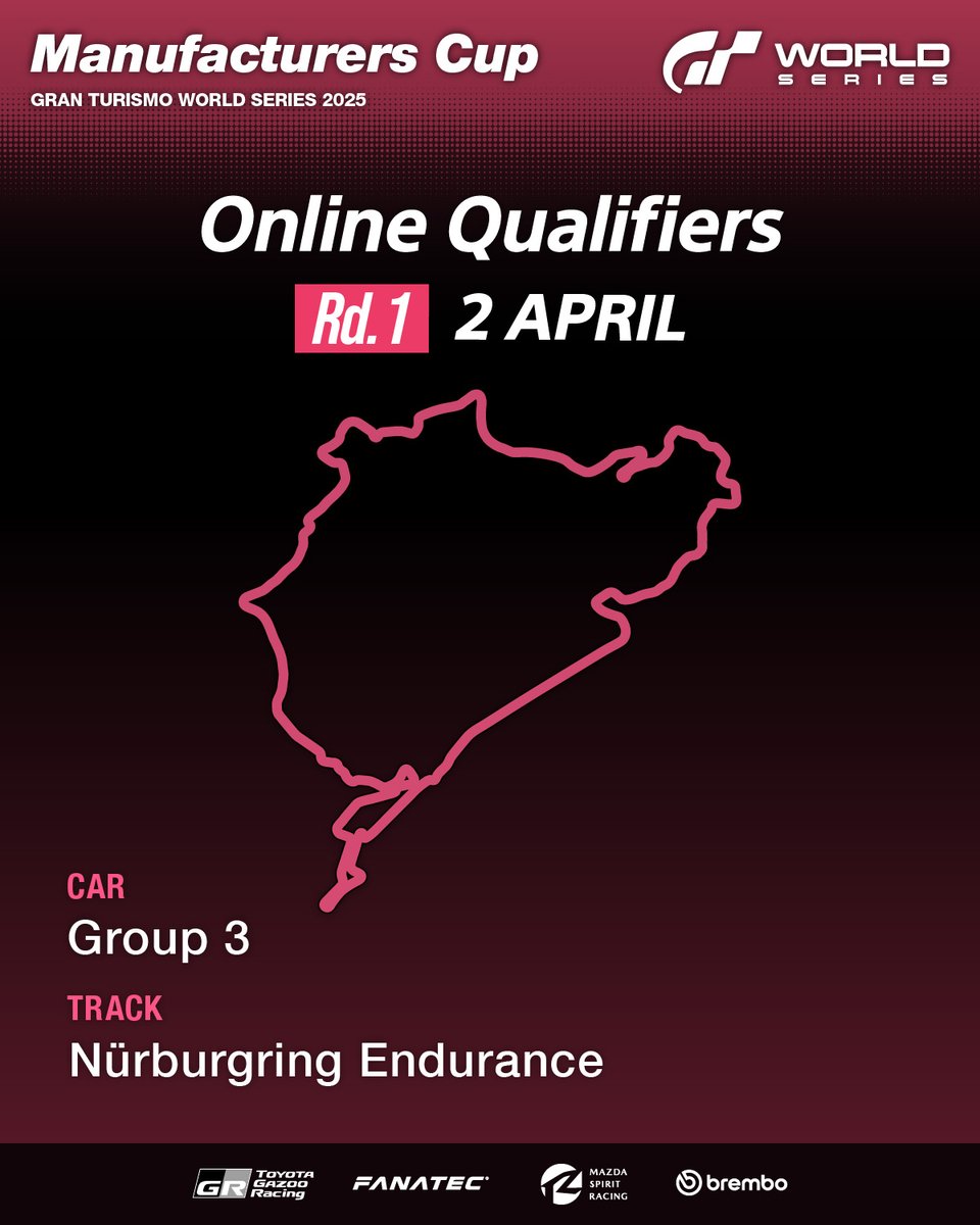 Gran Turismo World Series 2025
The Online Qualifier Begins!
 
Manufacturers Cup
Qualifying Rd. 1｜Opens Wed, 2 April
 
The first battle is staged at the Nürburgring 🇩🇪 of Germany. We await your challenge!

#GT7 #GranTurismo #GTWS