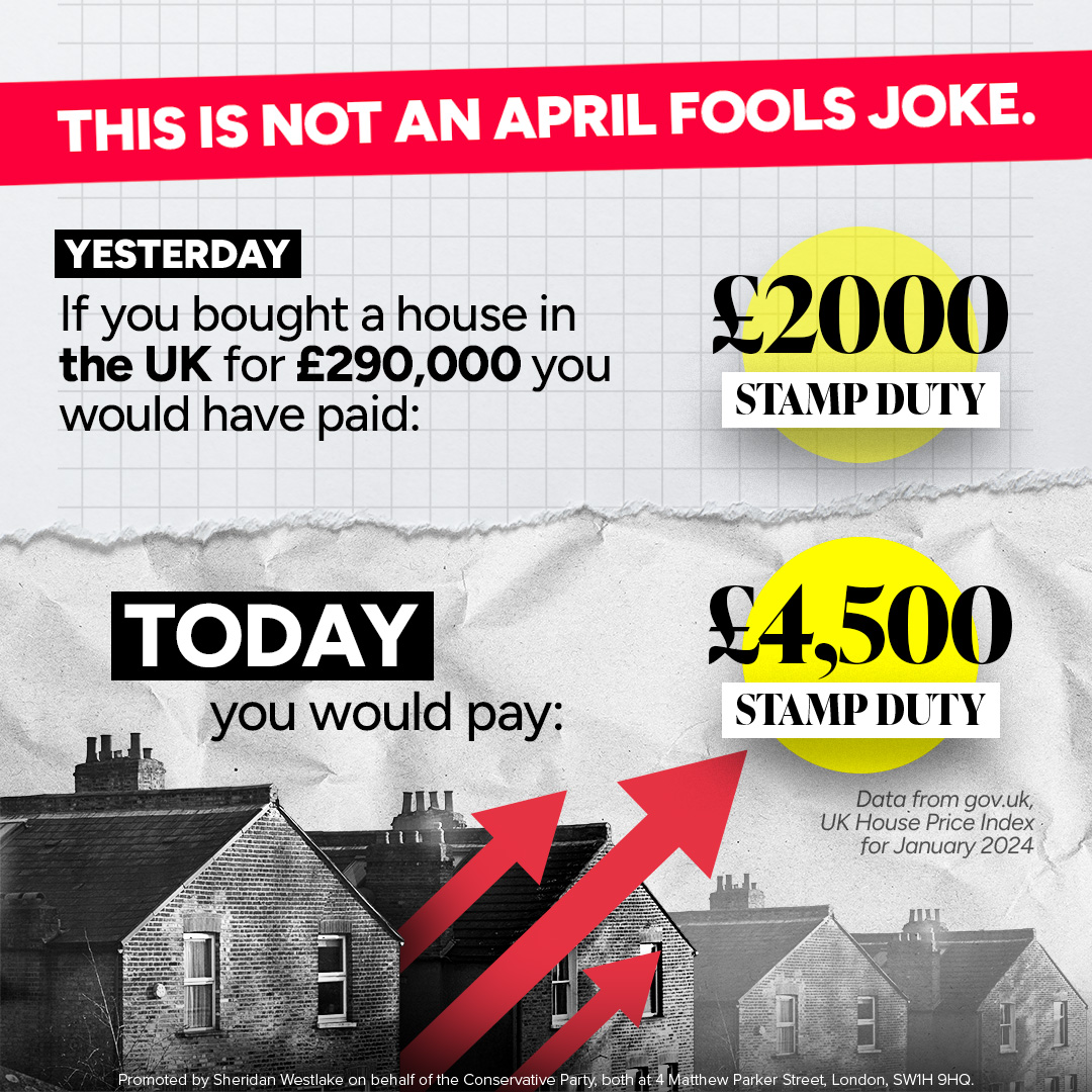 As of today, Labour have hiked the stamp duty you will pay on the purchase of a house.

For an average price house, Labour have more than doubled the duty.